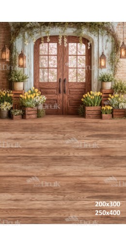 Tło fotograficzne „Wiosenna weranda z żółtymi tulipanami” | E605